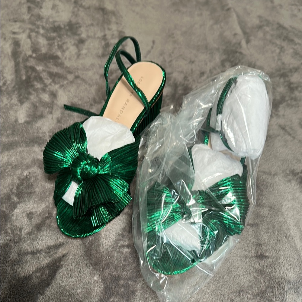 Loeffler Randall Camellia Emerald Green Metallic Pleated Bow Slingback Heels 7.5